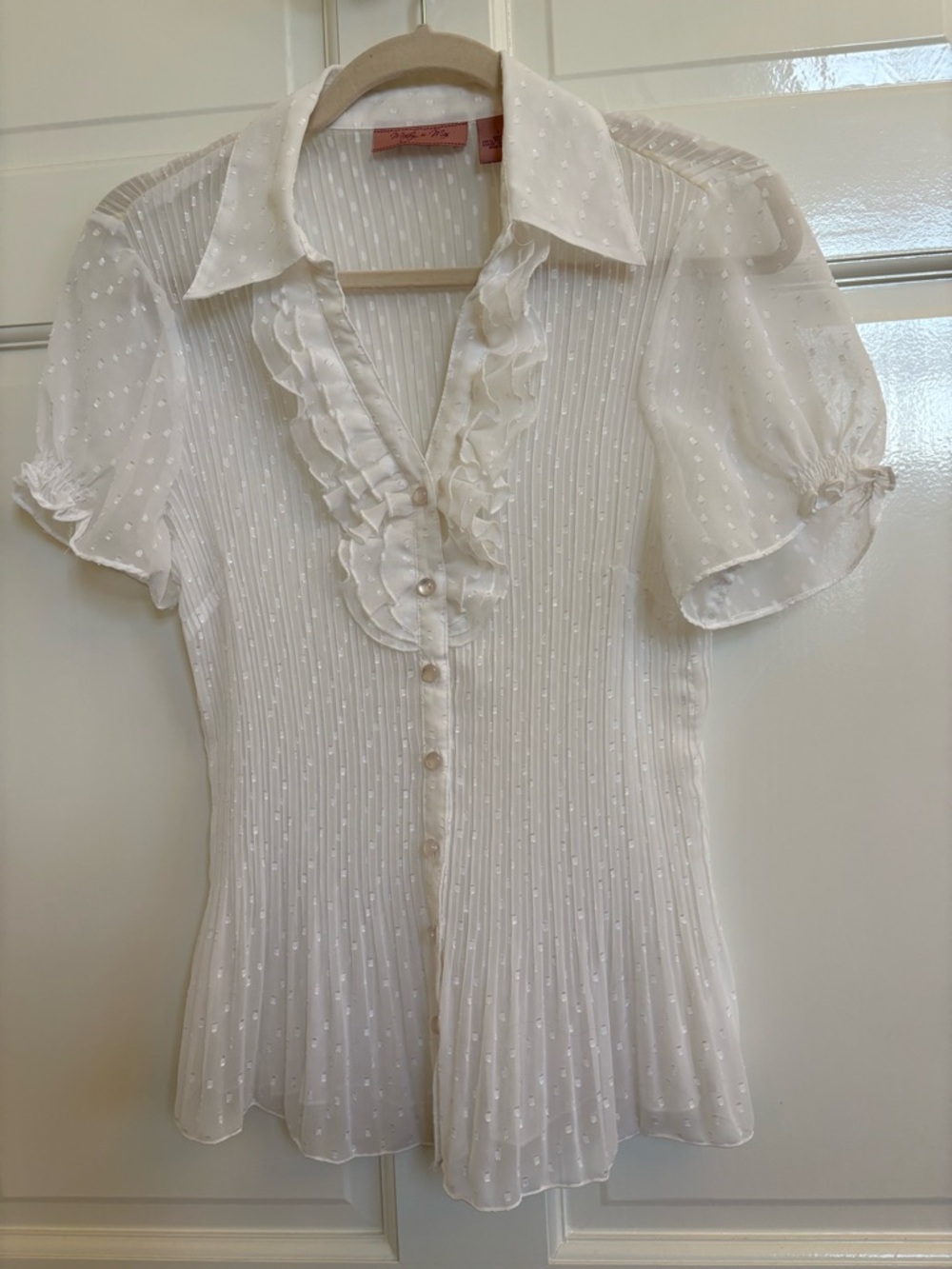 White Ruffle Front Short Sleeve Blouse